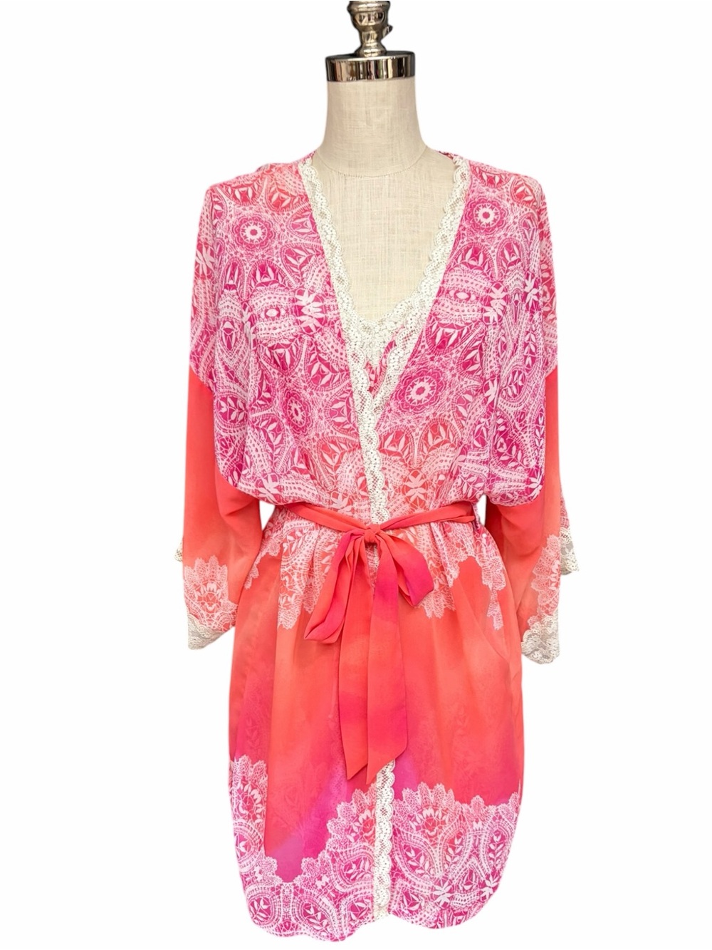 In Bloom Pink Coral Ombré Lace Chemise Robe Set Lingerie Set S/M